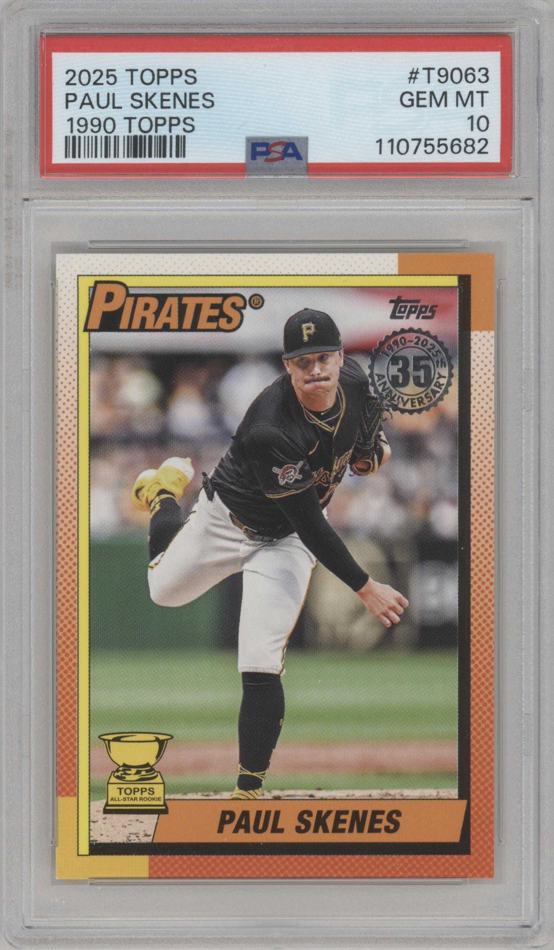 Paul Skenes from the 2025 Topps set graded by PSA and given an overall grade of 10.