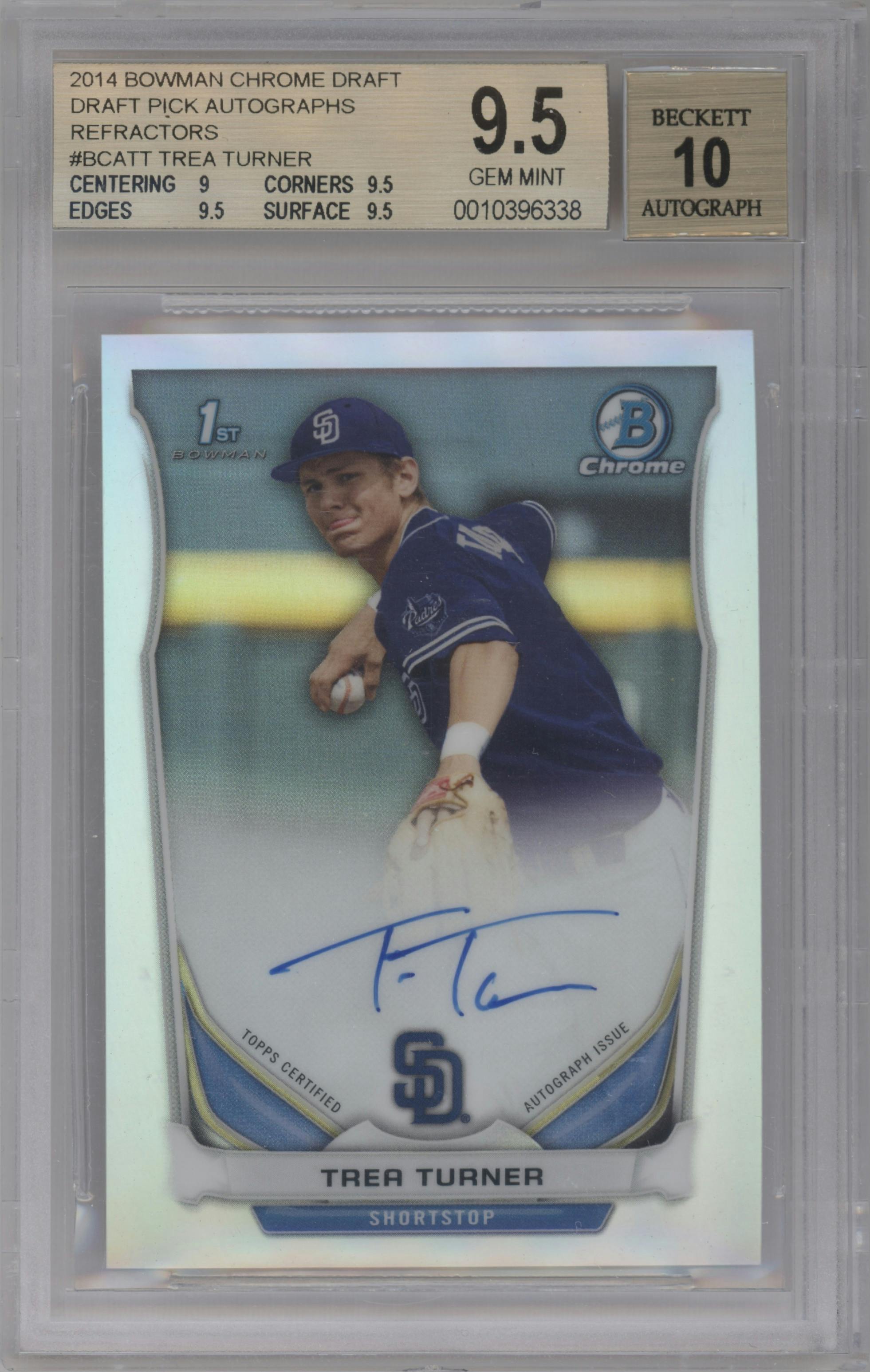 Trea Turner from the 2014 Bowman Draft  set featuring a Refractor parallel graded by Beckett and given an overall grade of 9.5.