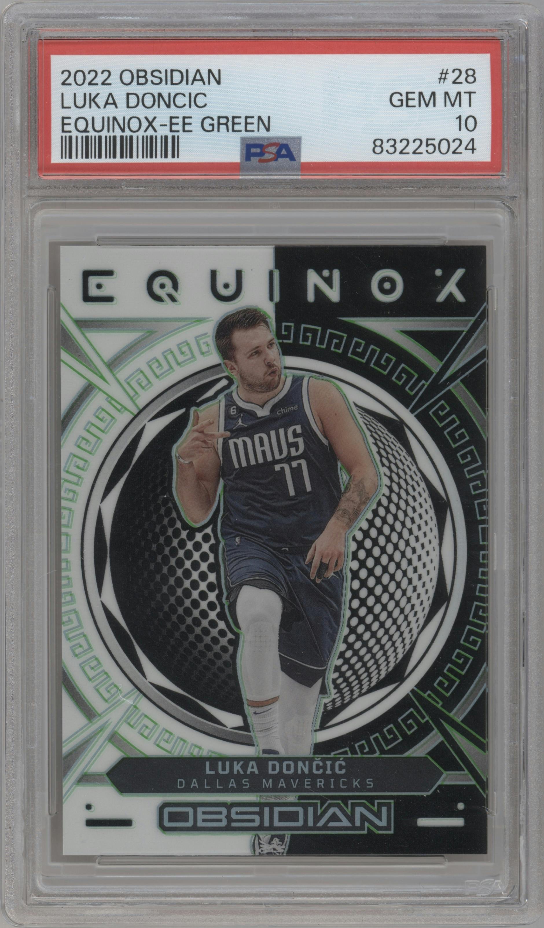 Luka Doncic from the 2022-23 Panini Obsidian set featuring a Electric Etch Green parallel graded by PSA and given an overall grade of 10.