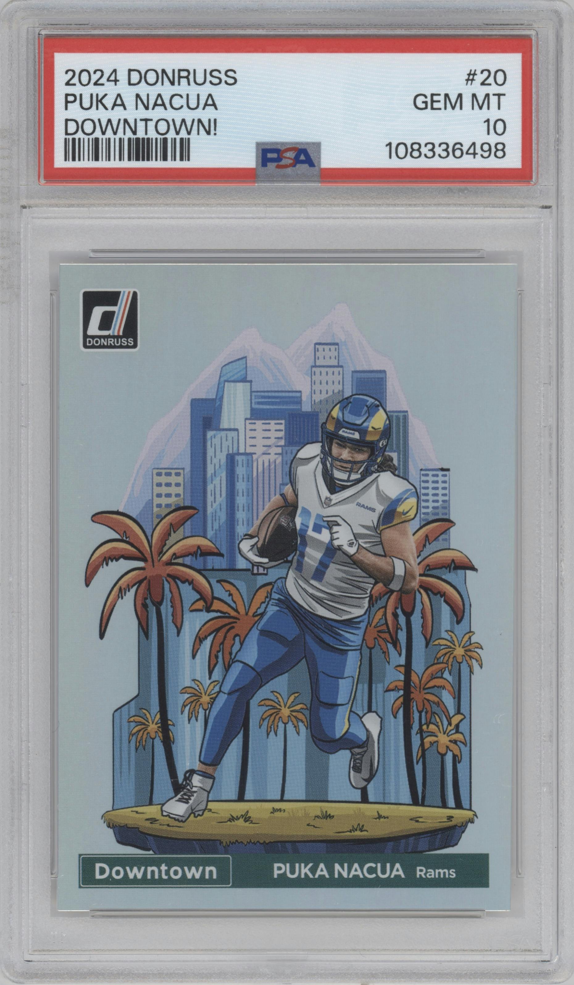 Puka Nacua from the 2024 Donruss set graded by PSA and given an overall grade of 10.