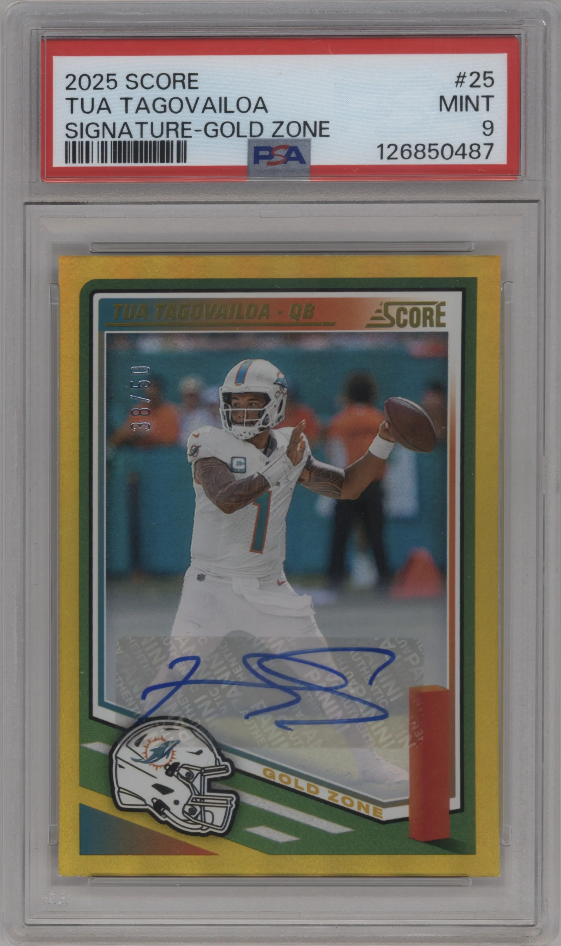 2025 Panini Score Sig. Tua Tagovailoa Gold Zone PSA 9