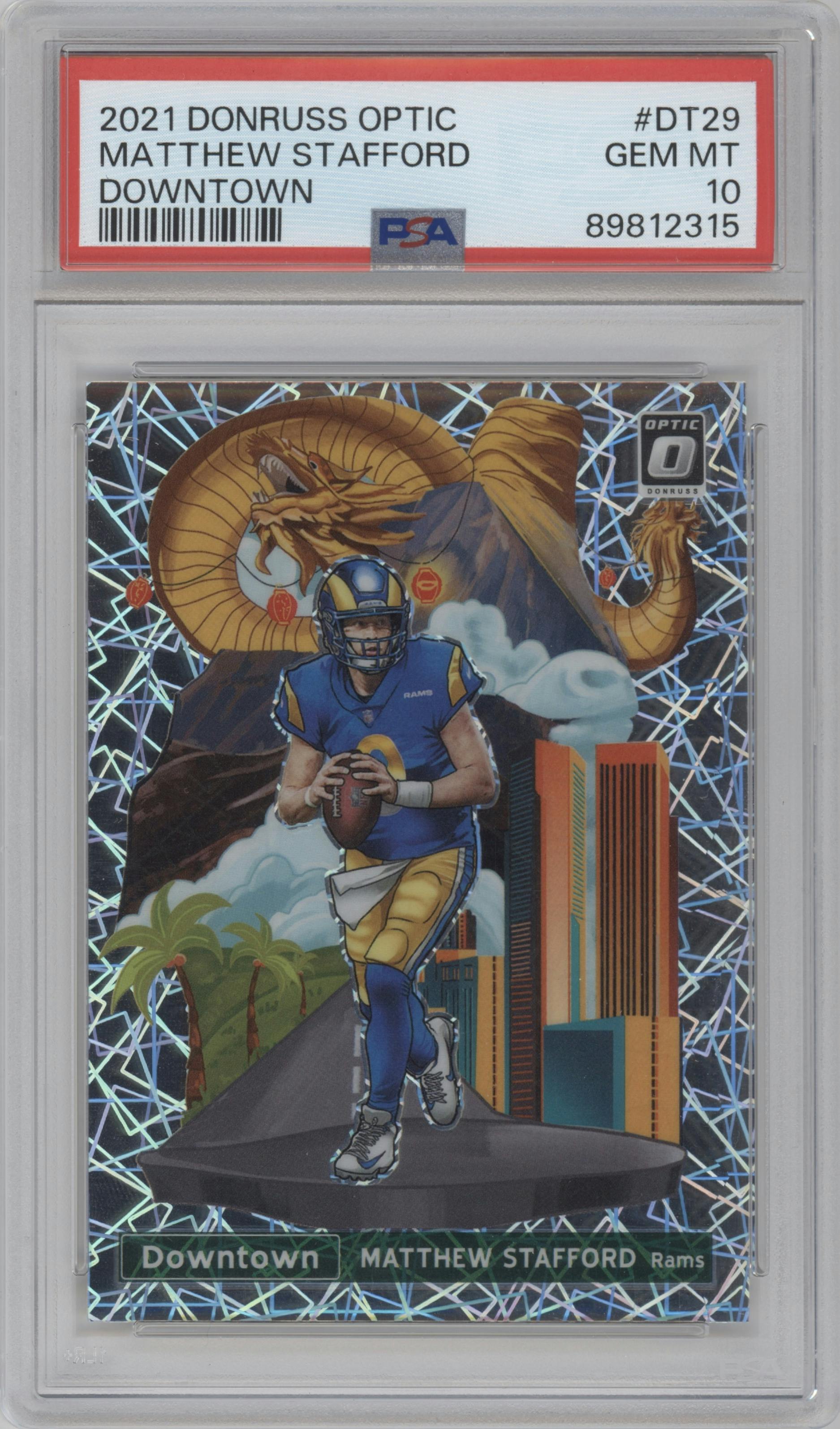 Matthew Stafford from the 2021 Panini Donruss Optic set graded by PSA and given an overall grade of 10.