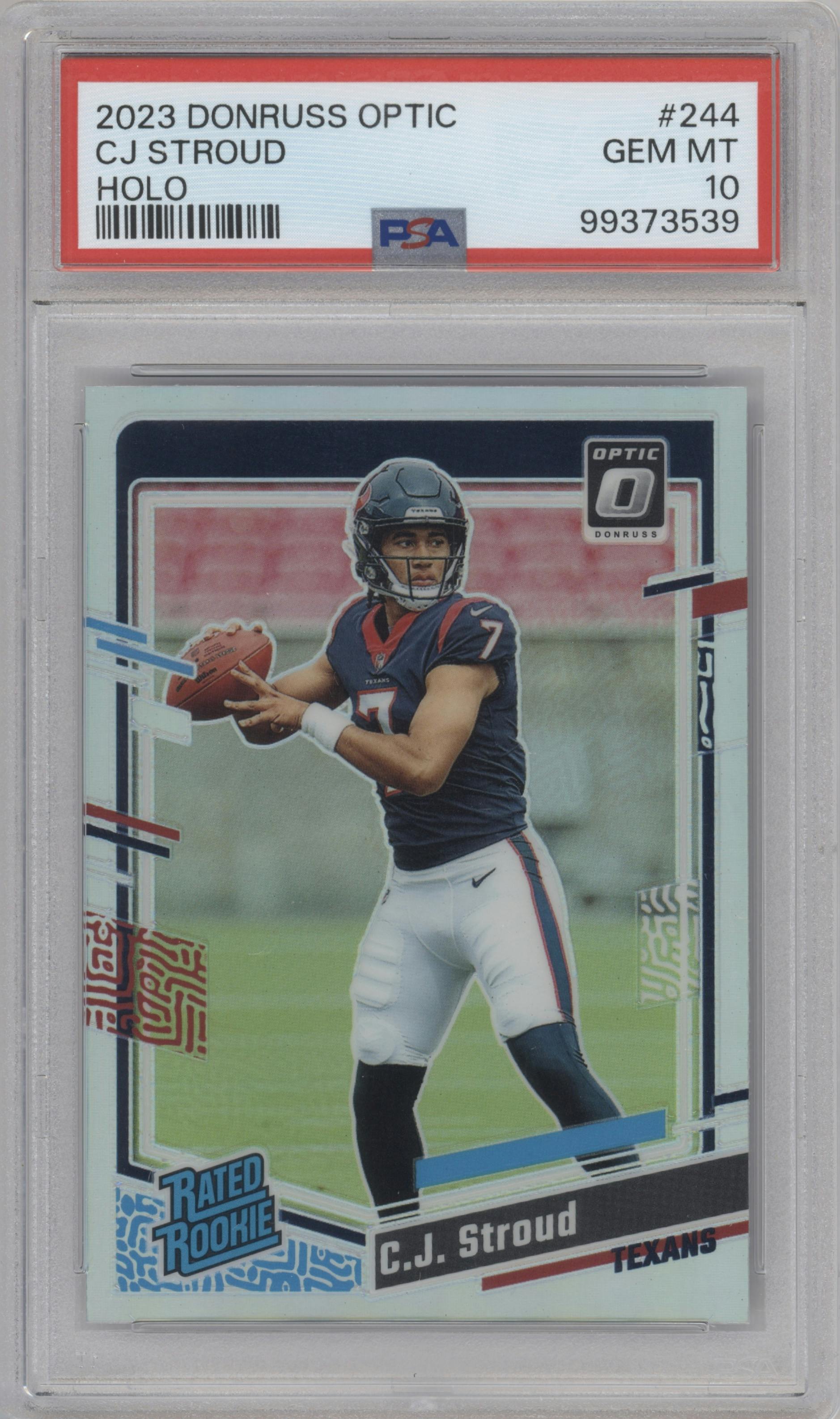 C.J. Stroud from the 2023 Donruss Optic set featuring a Holo parallel graded by PSA and given an overall grade of 10.
