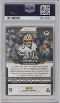 Jordan Love from the 2020 Panini Prizm set featuring a No Huddle Red parallel graded by PSA and given an overall grade of 10.