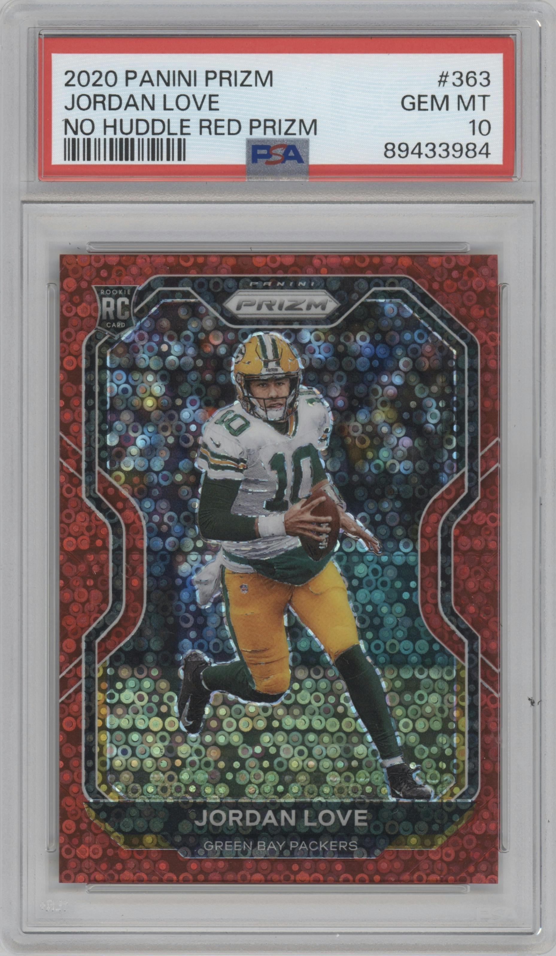 Jordan Love from the 2020 Panini Prizm set featuring a No Huddle Red parallel graded by PSA and given an overall grade of 10.