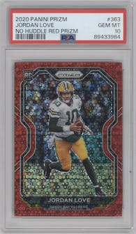Jordan Love from the 2020 Panini Prizm set featuring a No Huddle Red parallel graded by PSA and given an overall grade of 10.