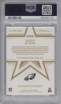 Jalen Hurts from the 2021 Panini Flawless set featuring a Silver parallel graded by PSA and given an overall grade of 9.