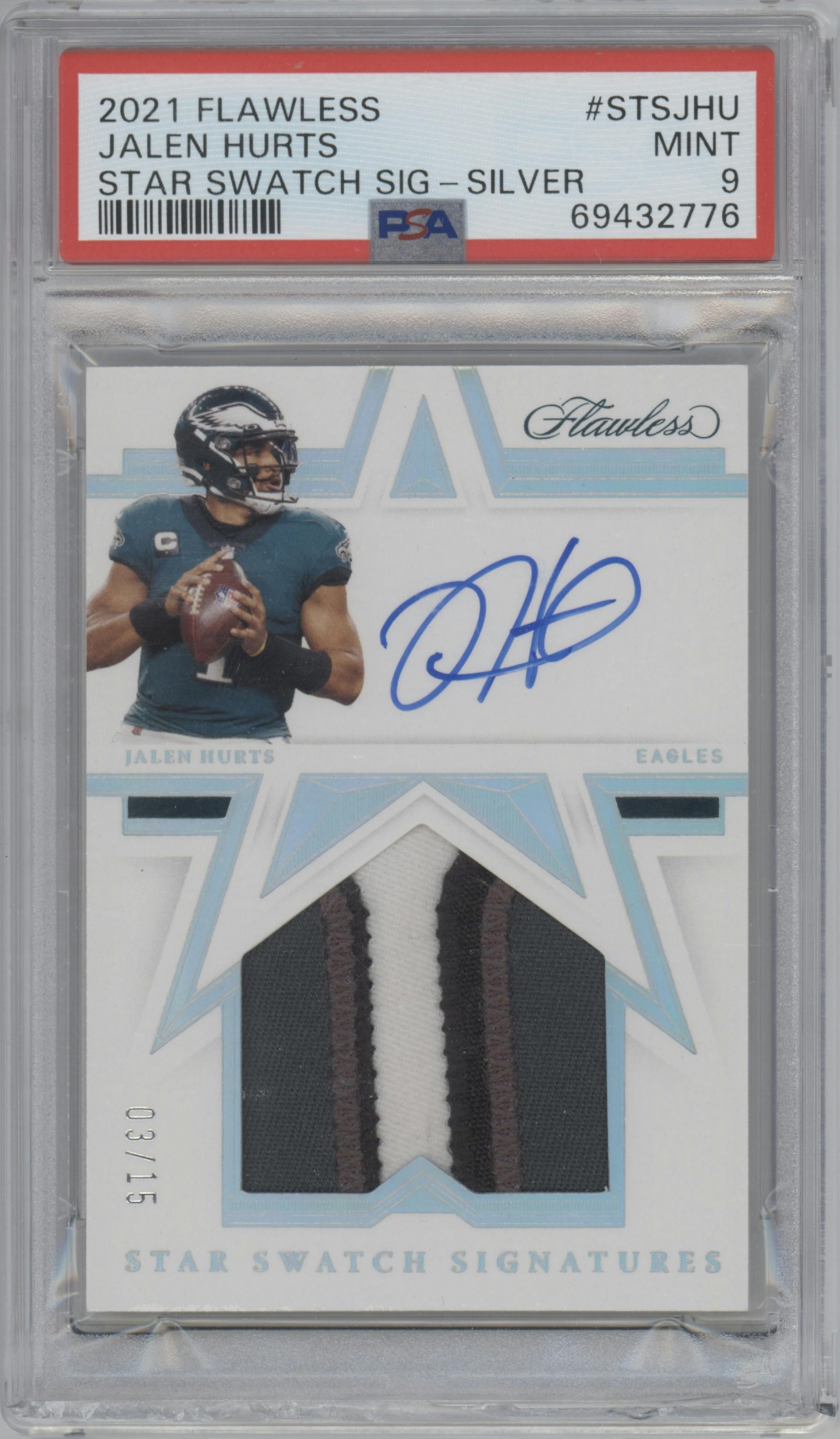 Jalen Hurts from the 2021 Panini Flawless set featuring a Silver parallel graded by PSA and given an overall grade of 9.