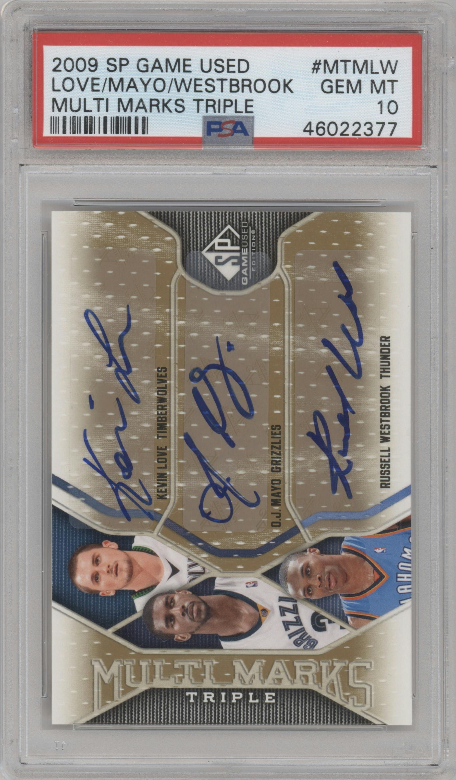 O.J. Mayo / Kevin Love / Russell Westbrook from the 2009-10 SP Game Used set graded by PSA and given an overall grade of 10.
