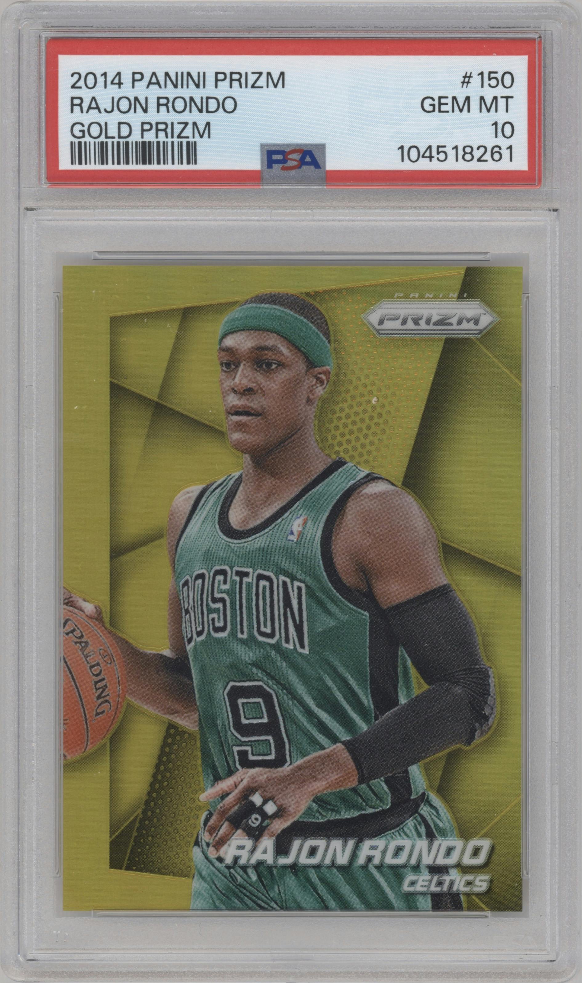 Rajon Rondo from the 2014-15 Panini Prizm set featuring a Gold Prizm parallel graded by PSA and given an overall grade of 10.
