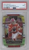 Patrick Mahomes II from the 2021 Panini Select set featuring a Die-Cut Green/Yellow parallel graded by PSA and given an overall grade of 9.