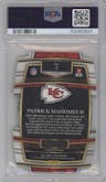 Patrick Mahomes II from the 2021 Panini Select set featuring a Die-Cut Green/Yellow parallel graded by PSA and given an overall grade of 9.