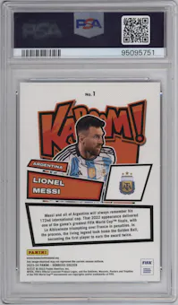 Lionel Messi from the 2023-24 Panini Donruss set graded by PSA and given an overall grade of 10.