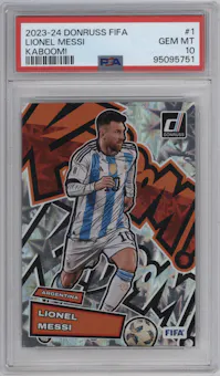 Lionel Messi from the 2023-24 Panini Donruss set graded by PSA and given an overall grade of 10.