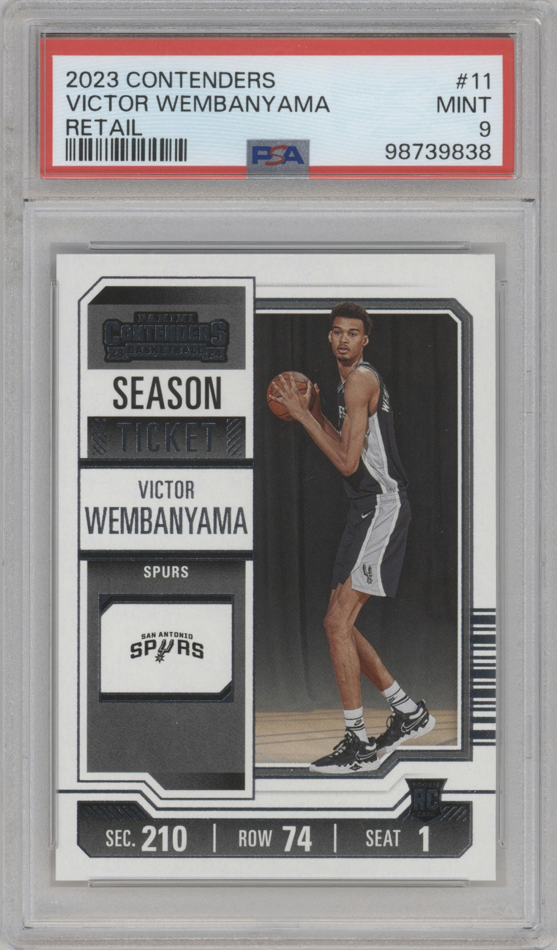 Victor Wembanyama  from the 2023-24 Panini Contenders set featuring a Retail parallel graded by PSA and given an overall grade of 9.