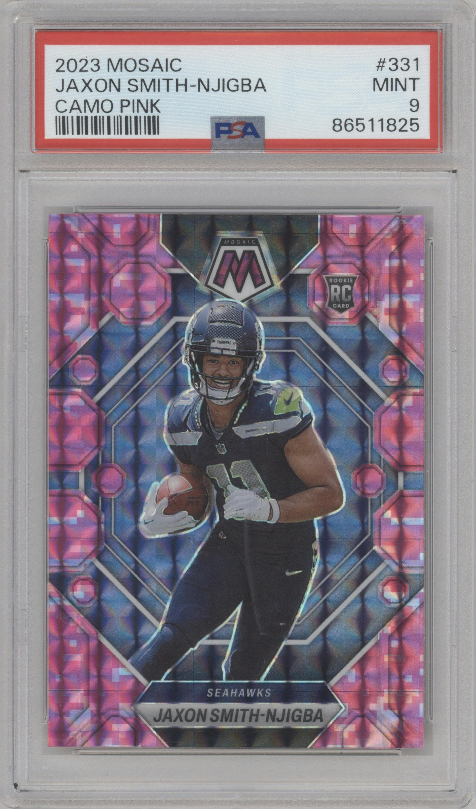Jaxon Smith-Njigba from the 2023 Panini Mosaic set featuring a Pink Camo parallel graded by PSA and given an overall grade of 9.