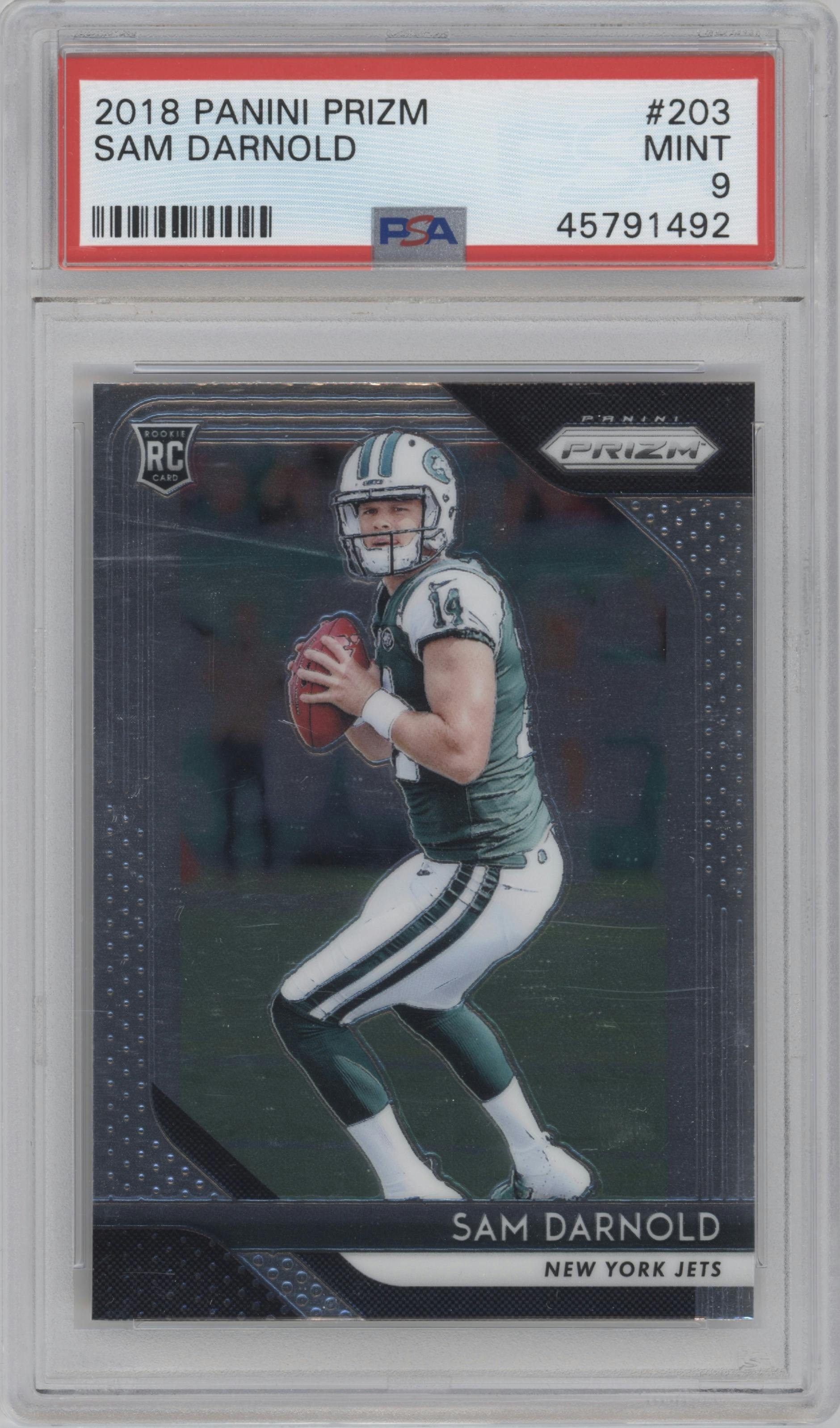Sam Darnold from the 2018 Panini Prizm set graded by PSA and given an overall grade of 9.