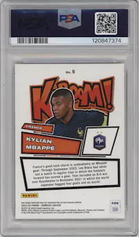 Kylian Mbappe from the 2023-24 Panini Donruss set graded by PSA and given an overall grade of 10.