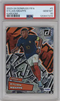 Kylian Mbappe from the 2023-24 Panini Donruss set graded by PSA and given an overall grade of 10.