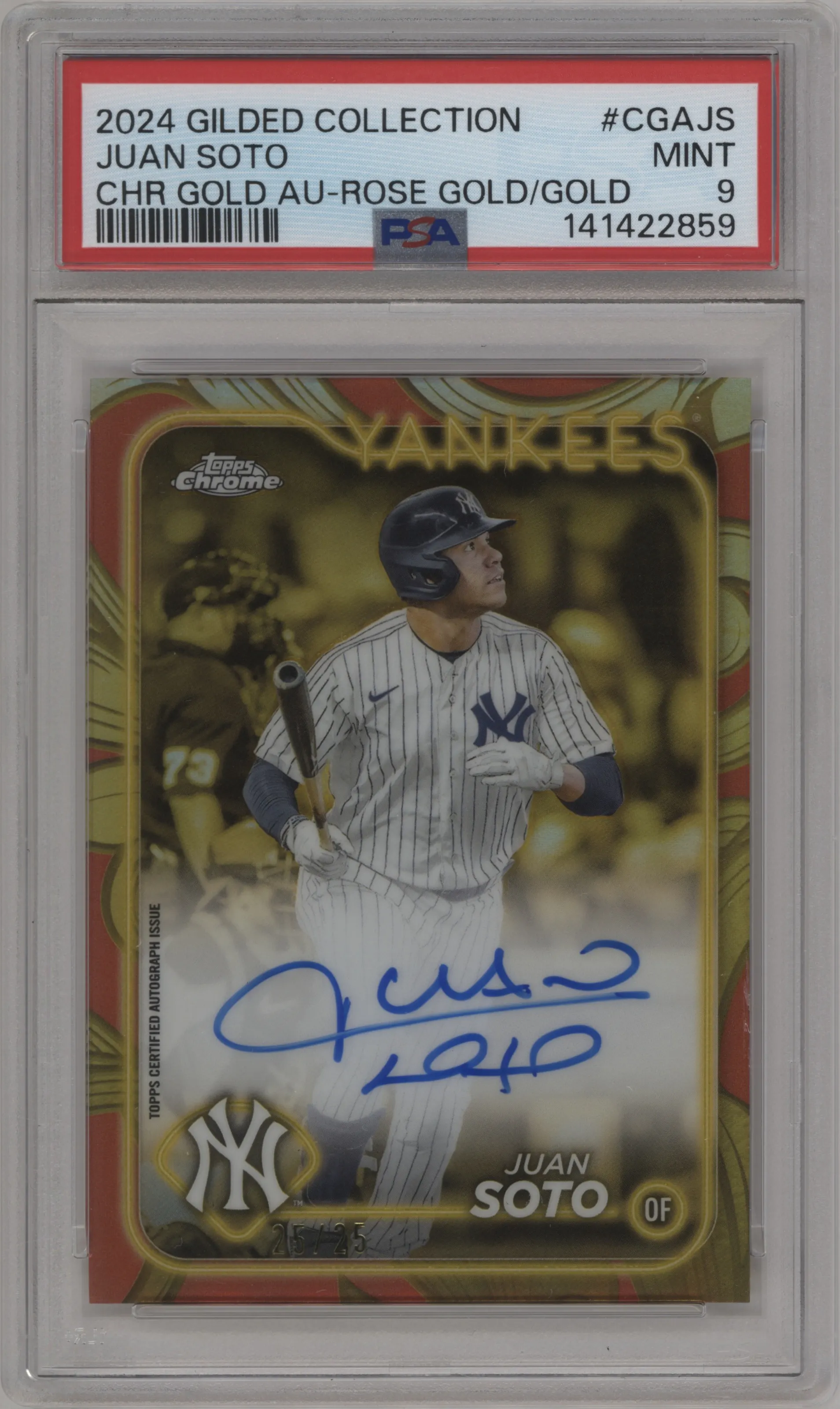 2024 Topps Gilded Collection Chrome Gold Auto Juan Soto Rose Gold/Gold #CGA-JS PSA 9
