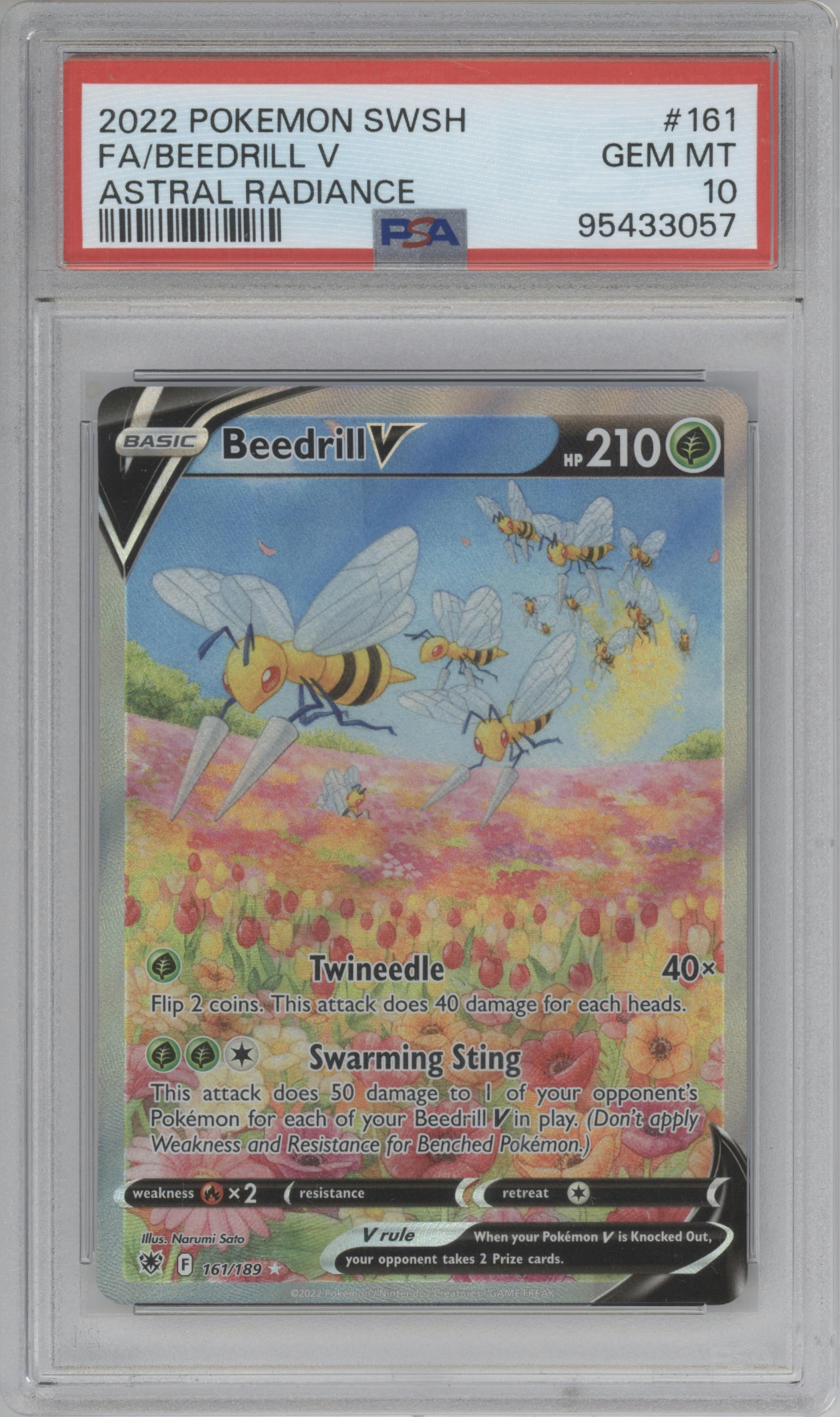 Beedrill V from the 2022 Pokemon SWSH set graded by PSA and given an overall grade of 10.