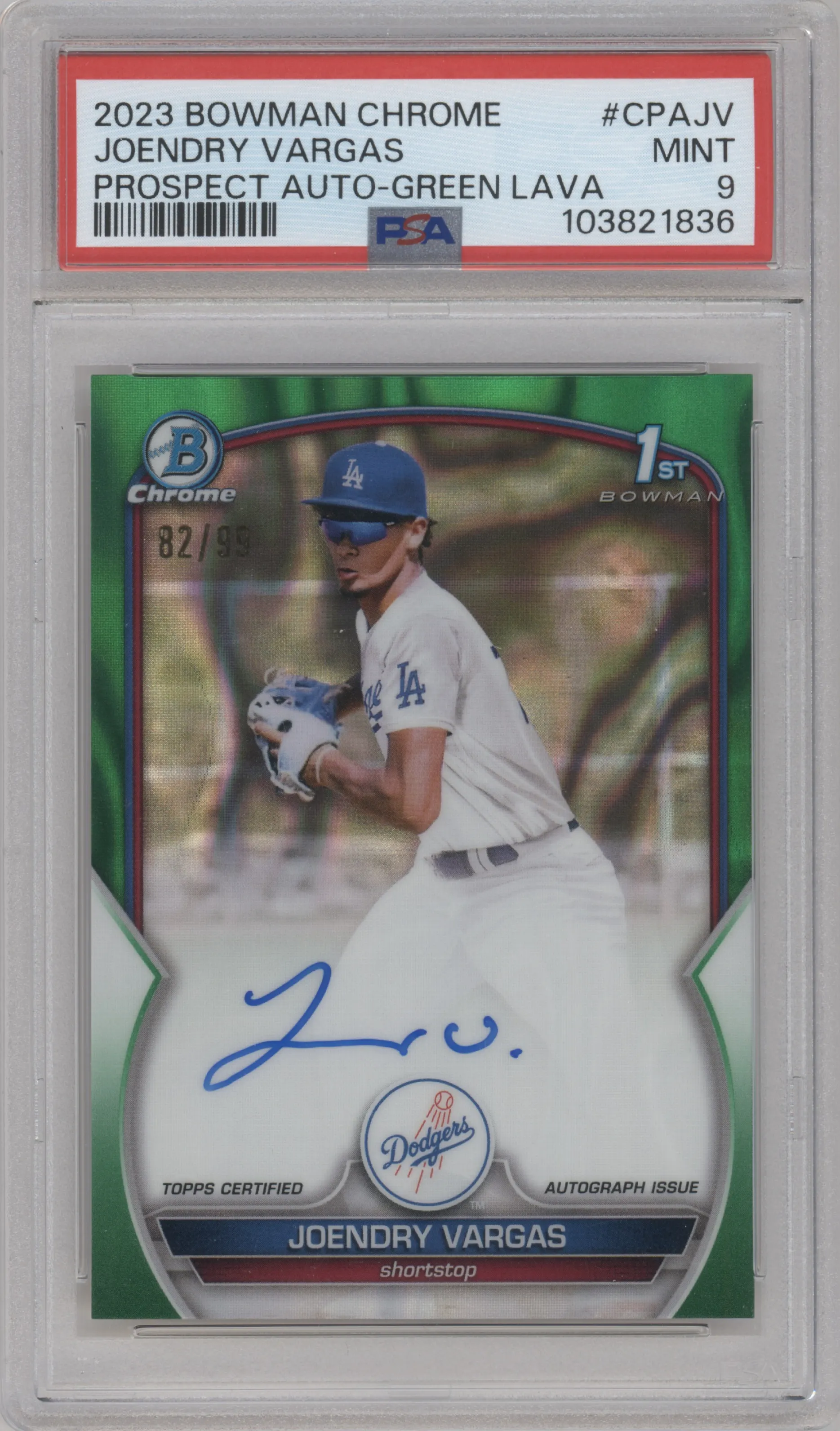 2023 Bowman Chrome Chr.Pros.Auto Joendry Vargas Green Lava Refractor PSA 9