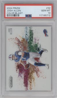Josh Allen from the 2024 Panini Prizm set graded by PSA and given an overall grade of 10.