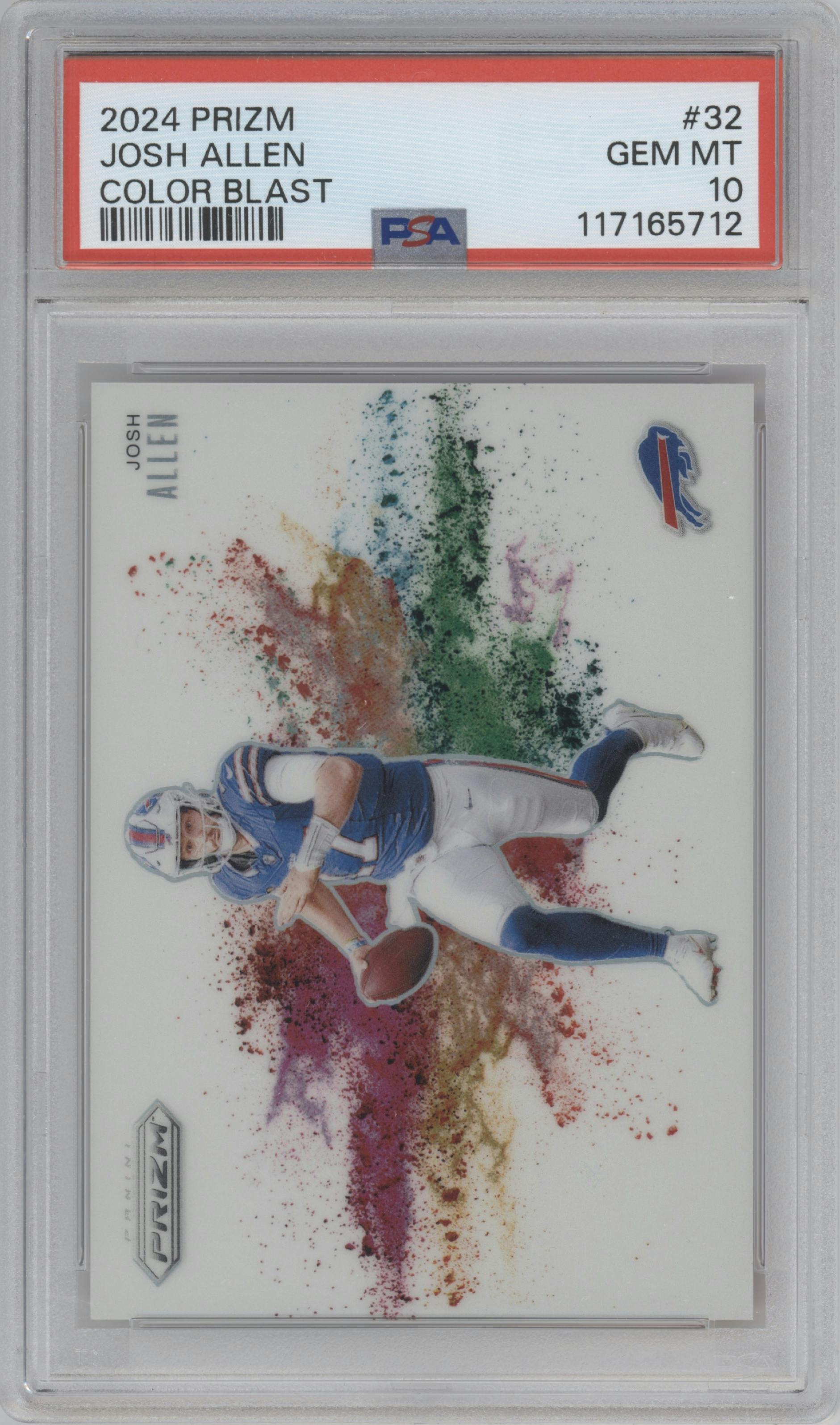 Josh Allen from the 2024 Panini Prizm set graded by PSA and given an overall grade of 10.