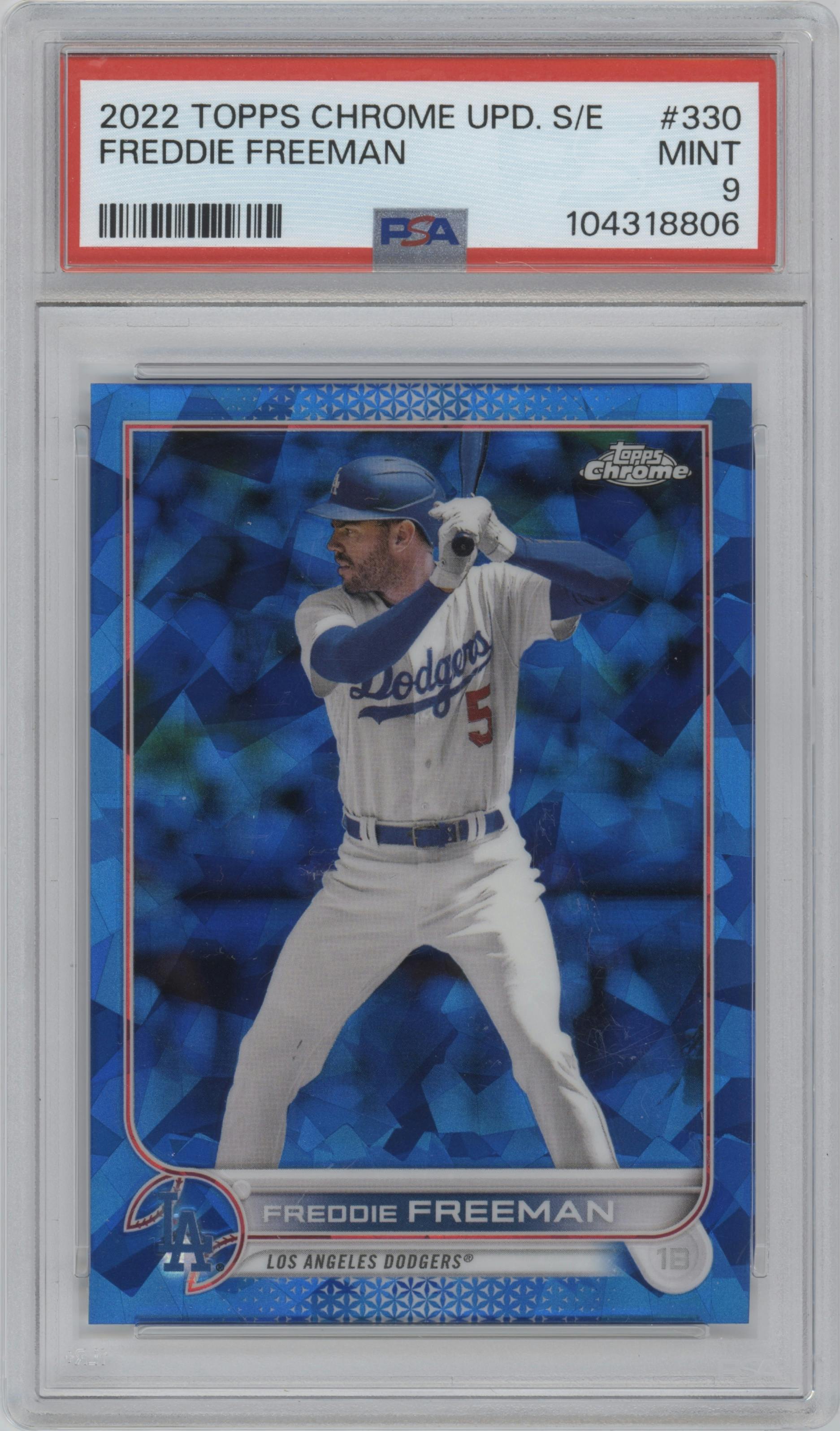 Freddie Freeman from the 2022 Topps Chrome Update Sapphire Edition  set graded by PSA and given an overall grade of 9.