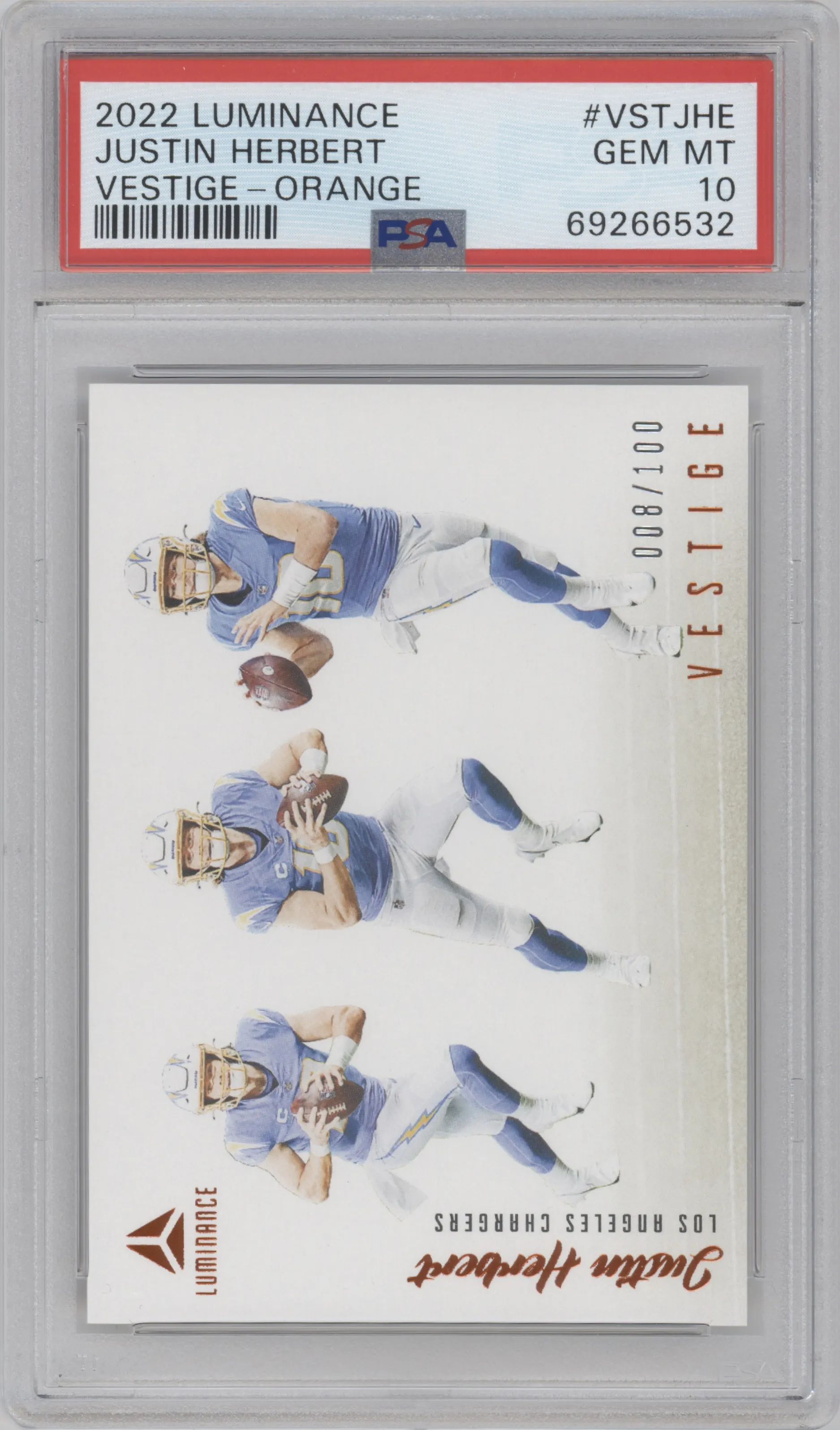 2022 Panini Luminance Vestige Justin Herbert Orange #VST-JHE PSA 10