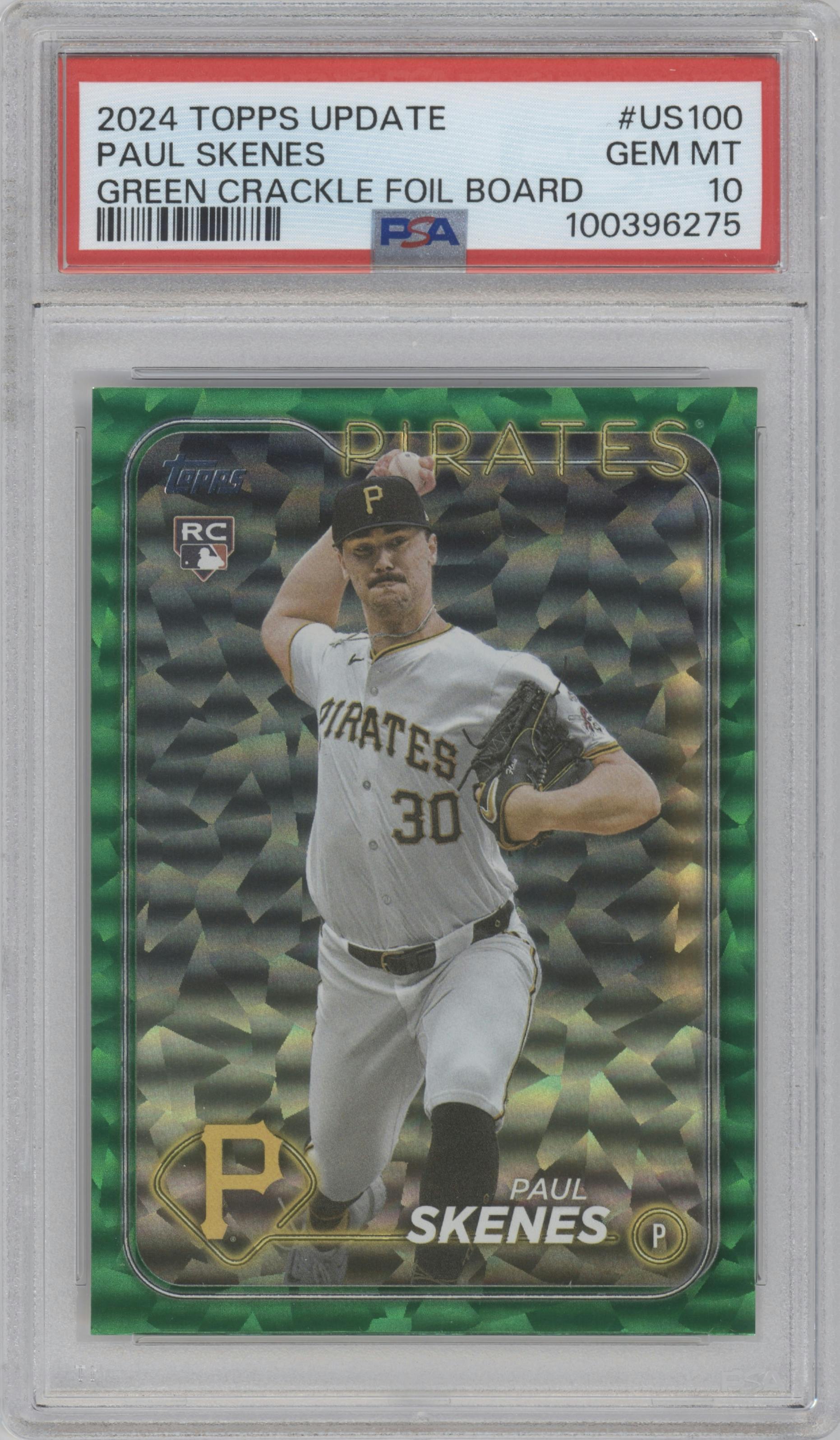 Paul Skenes from the 2024 Topps Update set featuring a Green Crackle Foilboard parallel graded by PSA and given an overall grade of 10.