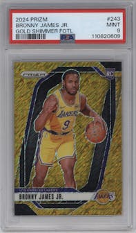 Bronny James Jr. from the 2024-25 Panini Prizm set featuring a Gold Shimmer Prizms FOTL parallel graded by PSA and given an overall grade of 9.
