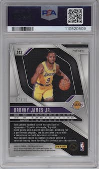 Bronny James Jr. from the 2024-25 Panini Prizm set featuring a Gold Shimmer Prizms FOTL parallel graded by PSA and given an overall grade of 9.