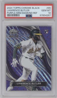 Lawrence Butler from the  2024 Topps Chrome Black set featuring a Purple Mini-Diamond Refractor parallel graded by PSA and given an overall grade of 10.