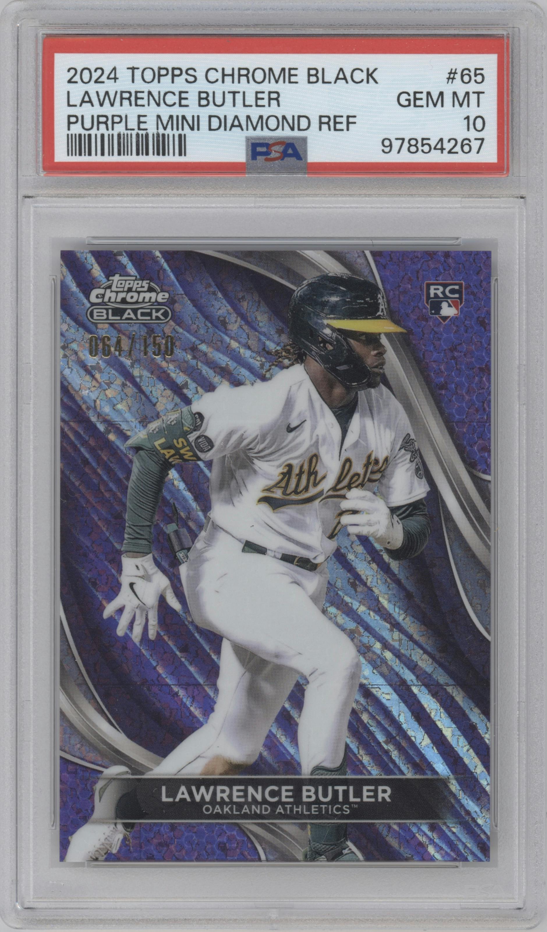 Lawrence Butler from the  2024 Topps Chrome Black set featuring a Purple Mini-Diamond Refractor parallel graded by PSA and given an overall grade of 10.