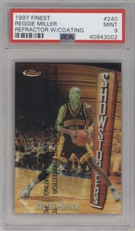 Reggie Miller from the 1997-98 Topps Finest set featuring a Refractor W/ Coating parallel graded by PSA and given an overall grade of 9.