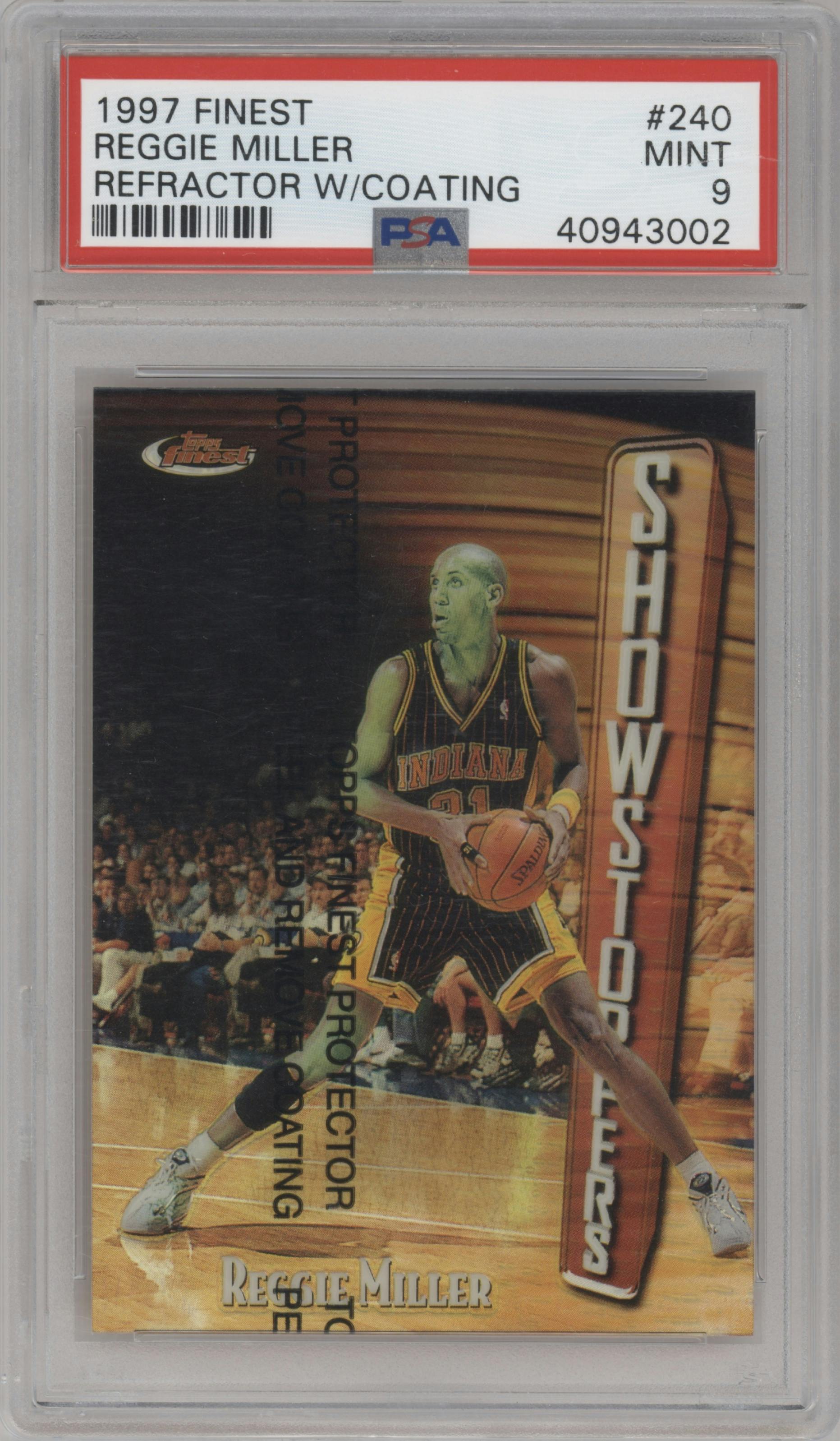 Reggie Miller from the 1997-98 Topps Finest set featuring a Refractor W/ Coating parallel graded by PSA and given an overall grade of 9.