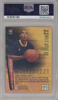 Reggie Miller from the 1997-98 Topps Finest set featuring a Refractor W/ Coating parallel graded by PSA and given an overall grade of 9.