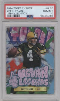Brett Favre from the 2024 Topps Chrome set graded by PSA and given an overall grade of 10.