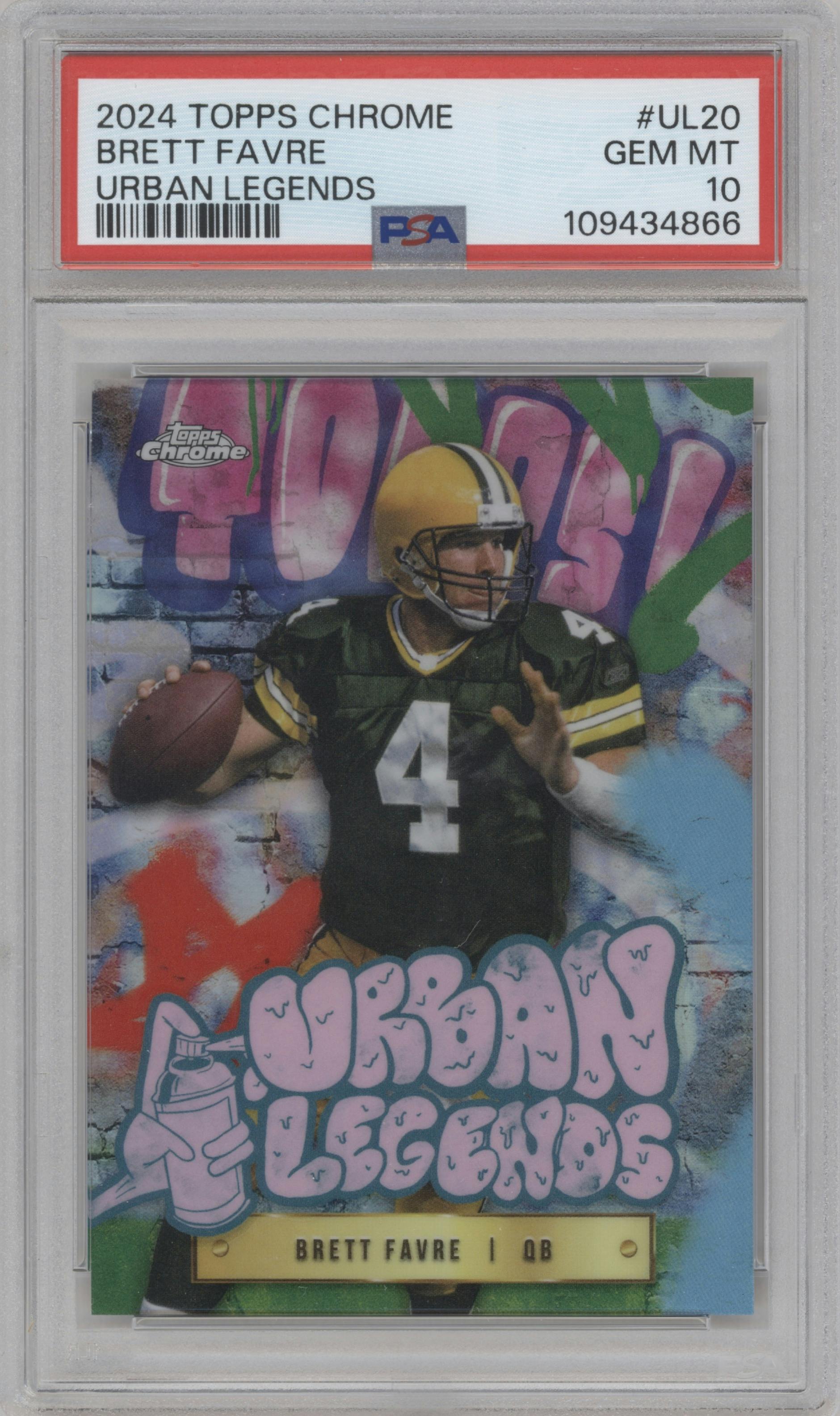 Brett Favre from the 2024 Topps Chrome set graded by PSA and given an overall grade of 10.