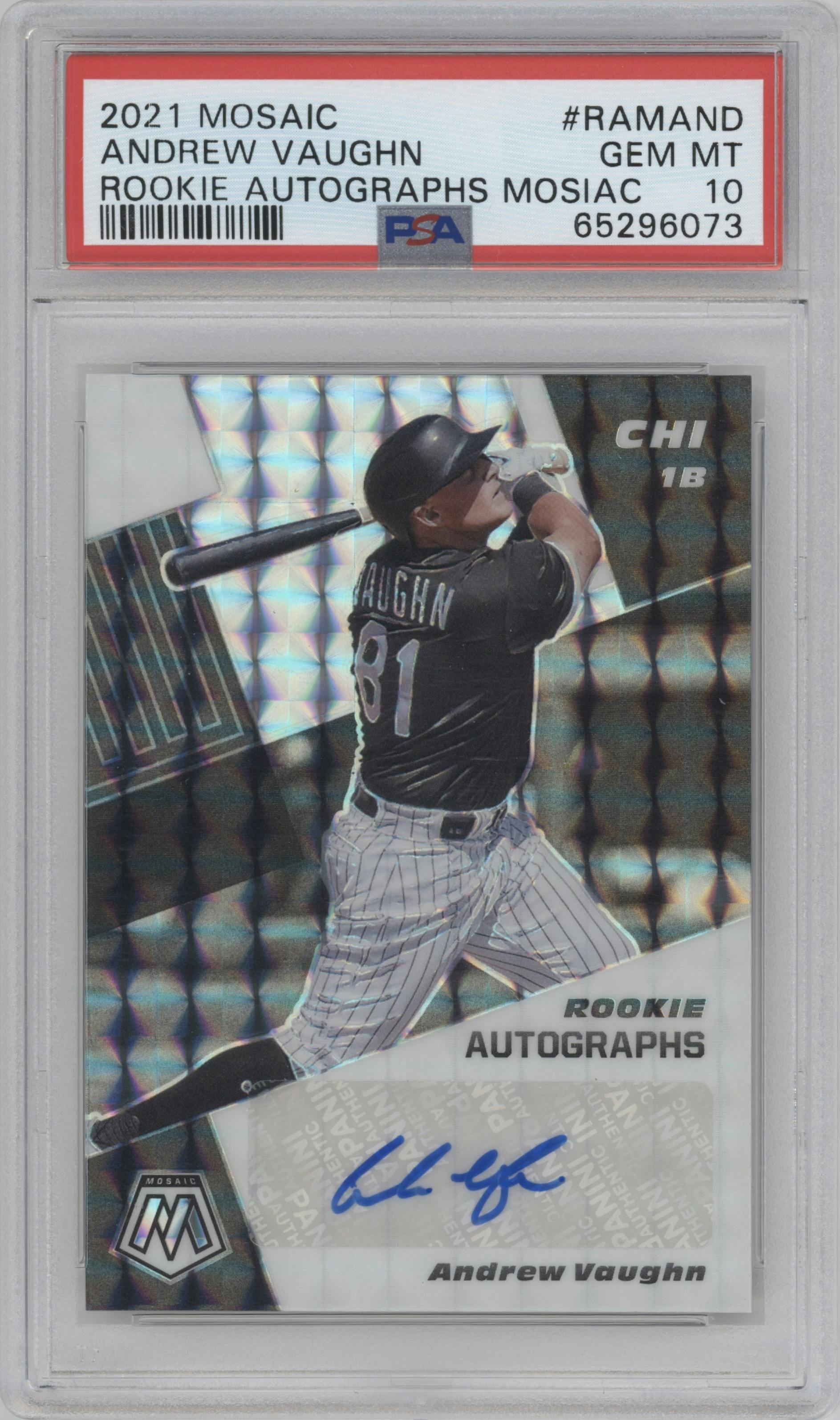 Andrew Vaughn from the 2021 Panini Mosaic  set featuring a Mosaic parallel graded by PSA and given an overall grade of 10.