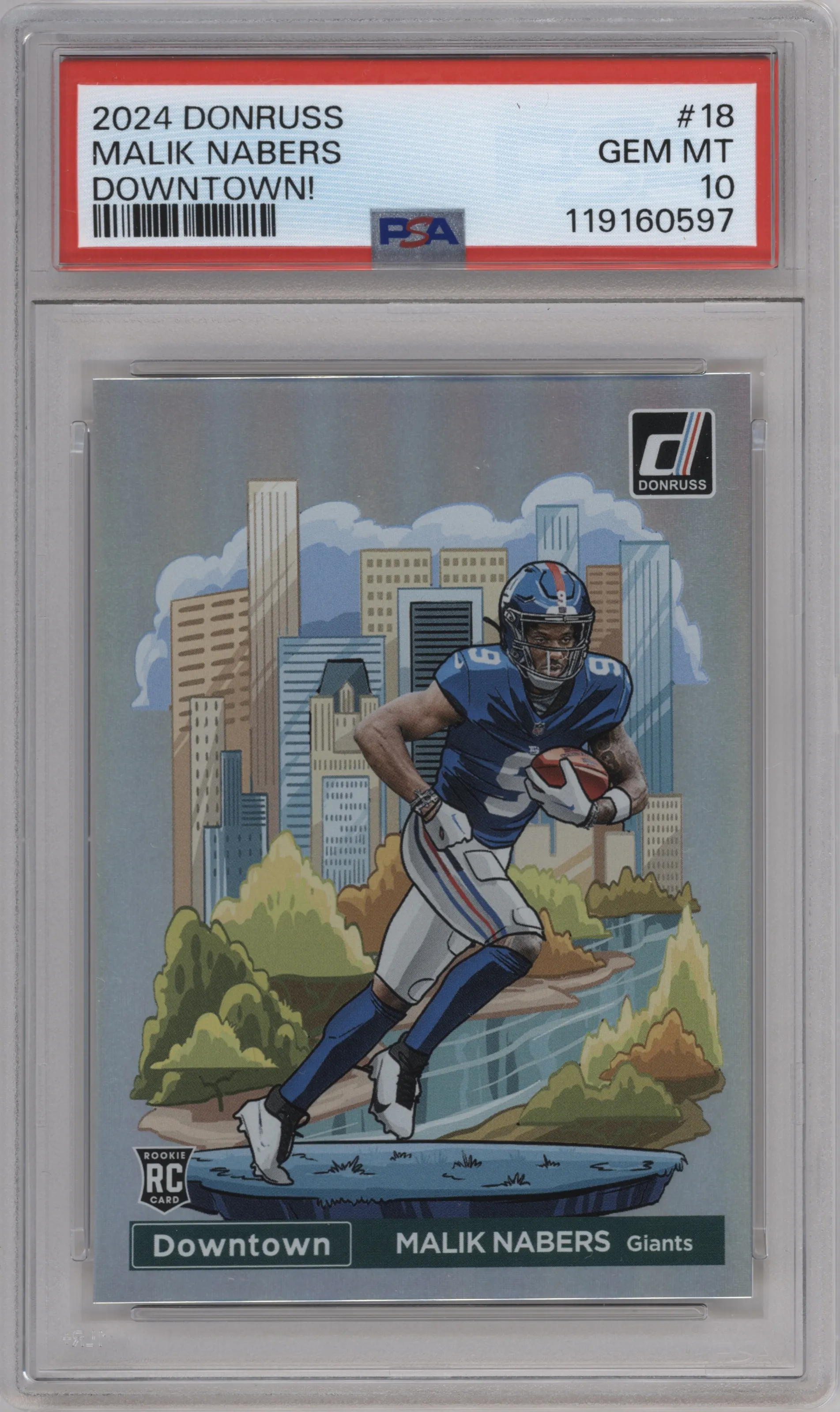 Malik Nabers  from the 2024 Donruss set graded by PSA and given an overall grade of 10.