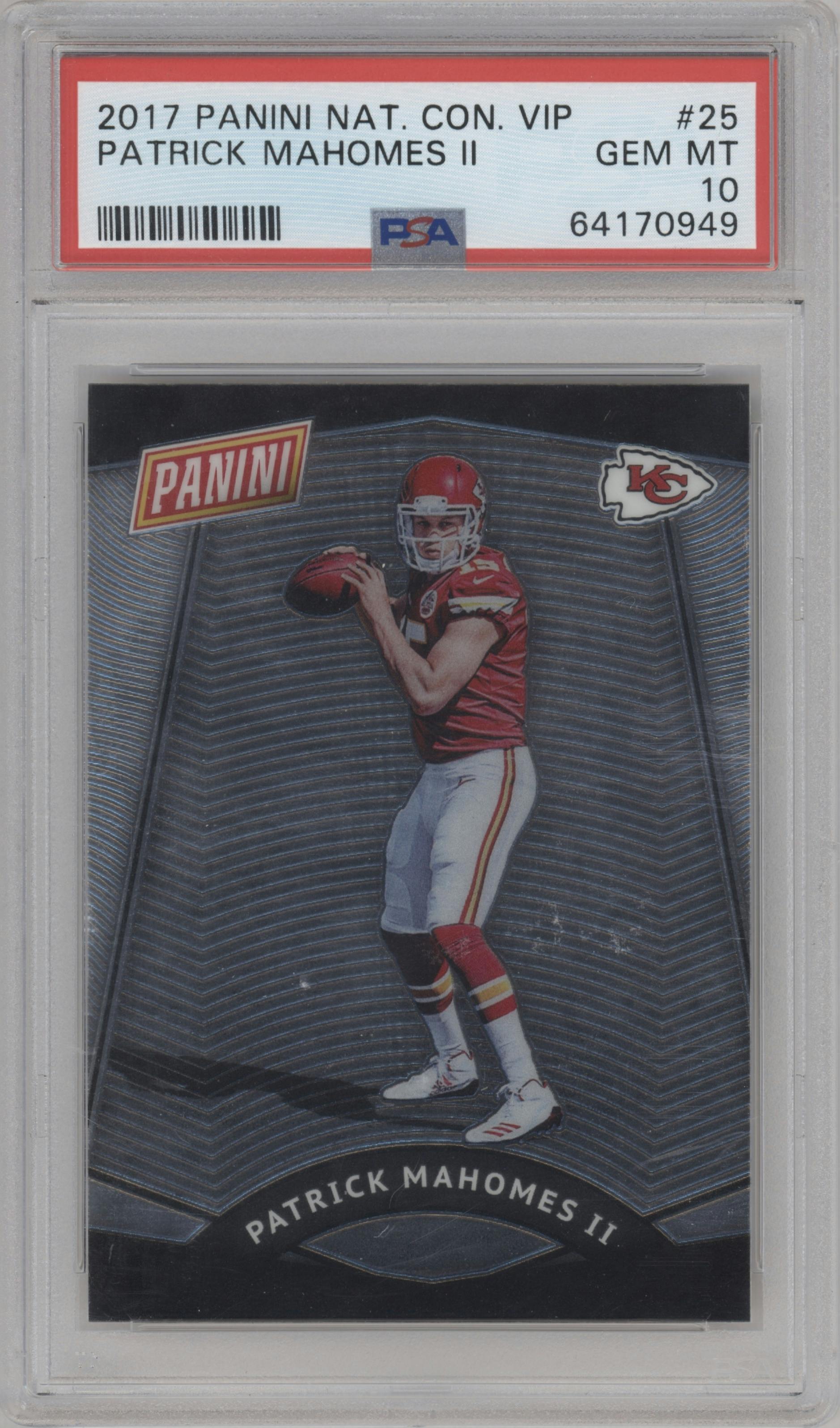 Patrick Mahomes II from the 2017 Panini The National VIP set graded by PSA and given an overall grade of 10.
