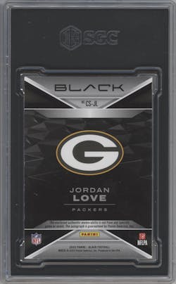 Jordan Love from the 2023 Panini Black set graded by SGC and given an overall grade of 8.5.