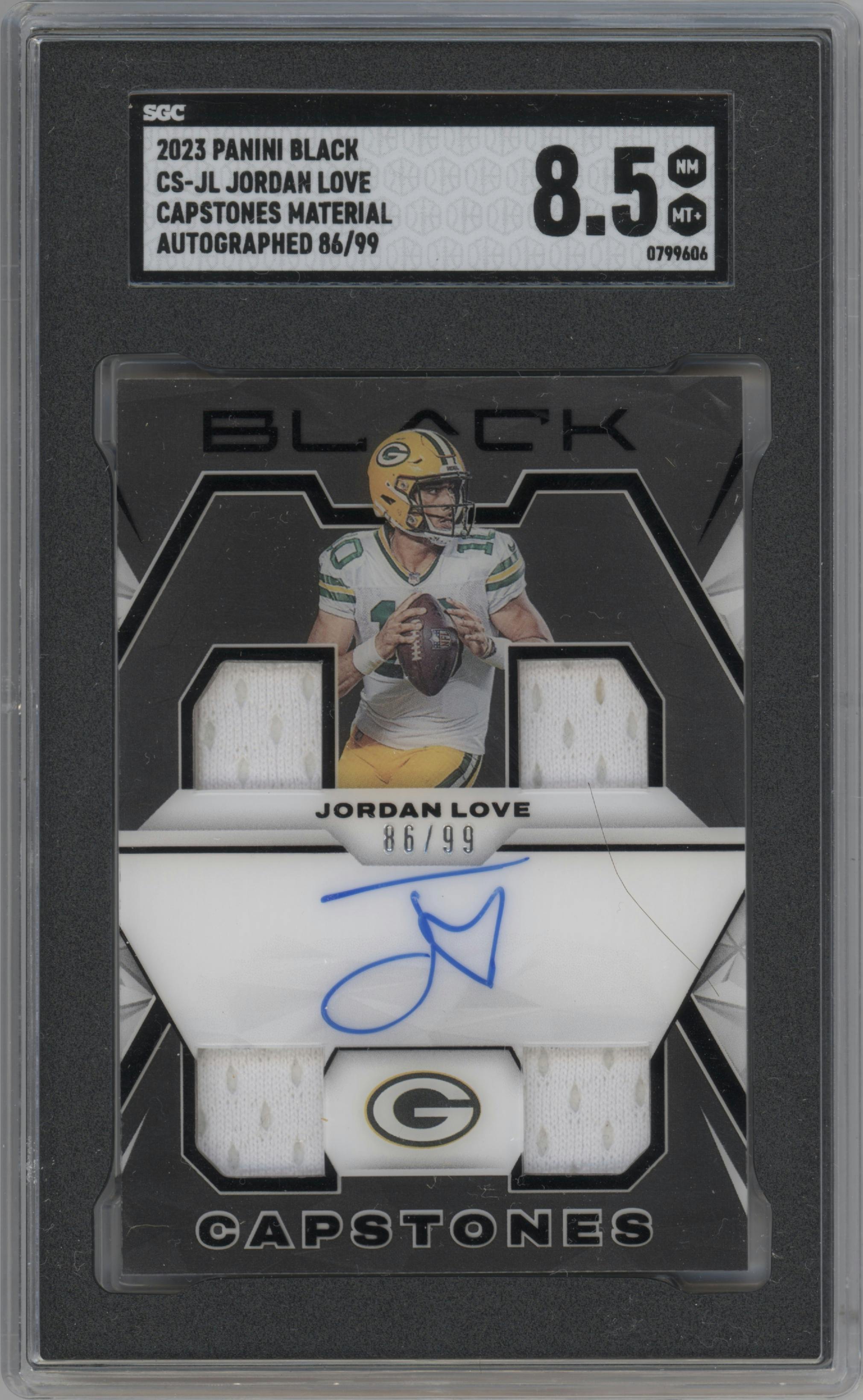 Jordan Love from the 2023 Panini Black set graded by SGC and given an overall grade of 8.5.