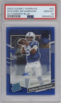 Anthony Richardson from the 2023 Clearly Donruss set featuring a Blue parallel graded by PSA and given an overall grade of 10.