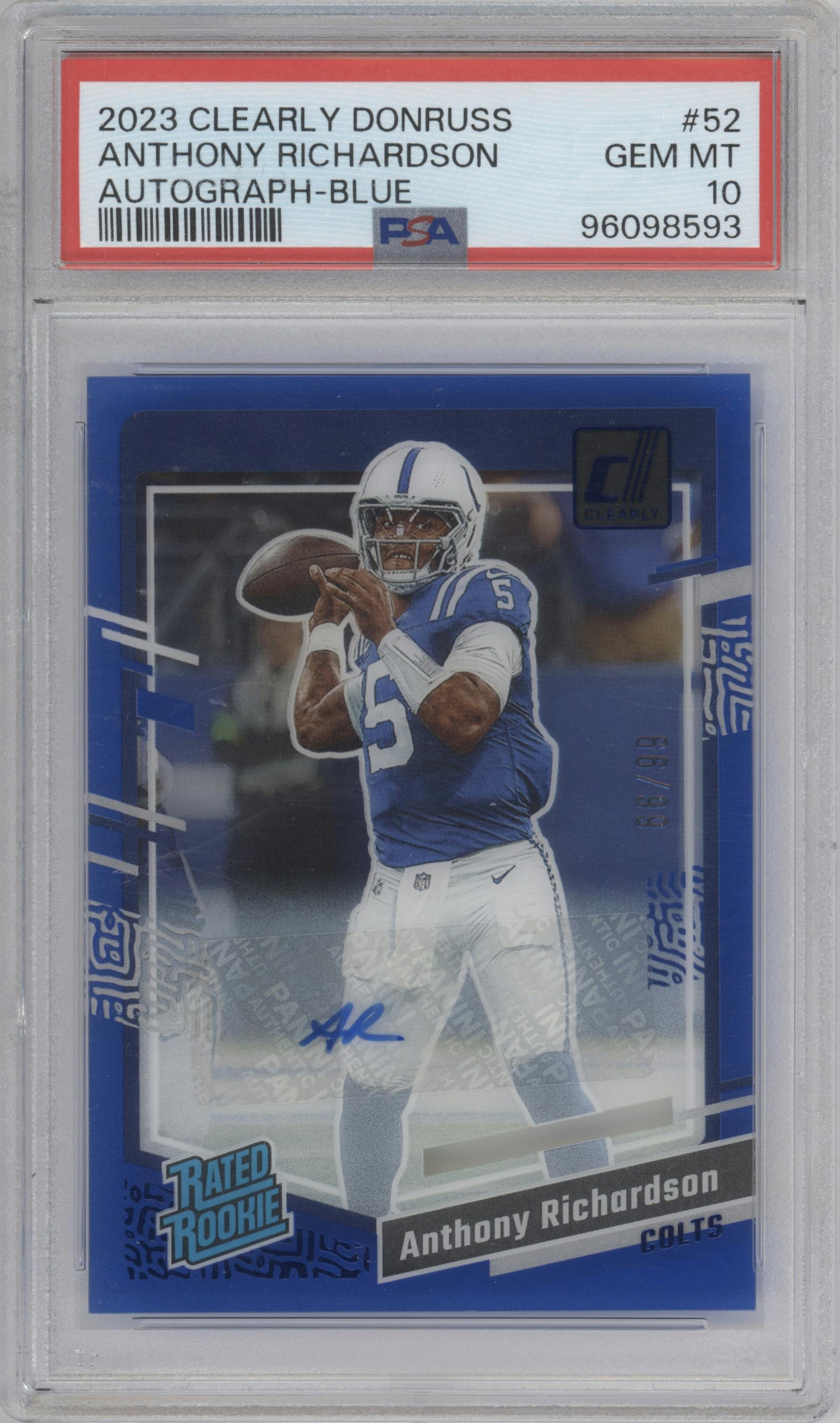 Anthony Richardson from the 2023 Clearly Donruss set featuring a Blue parallel graded by PSA and given an overall grade of 10.