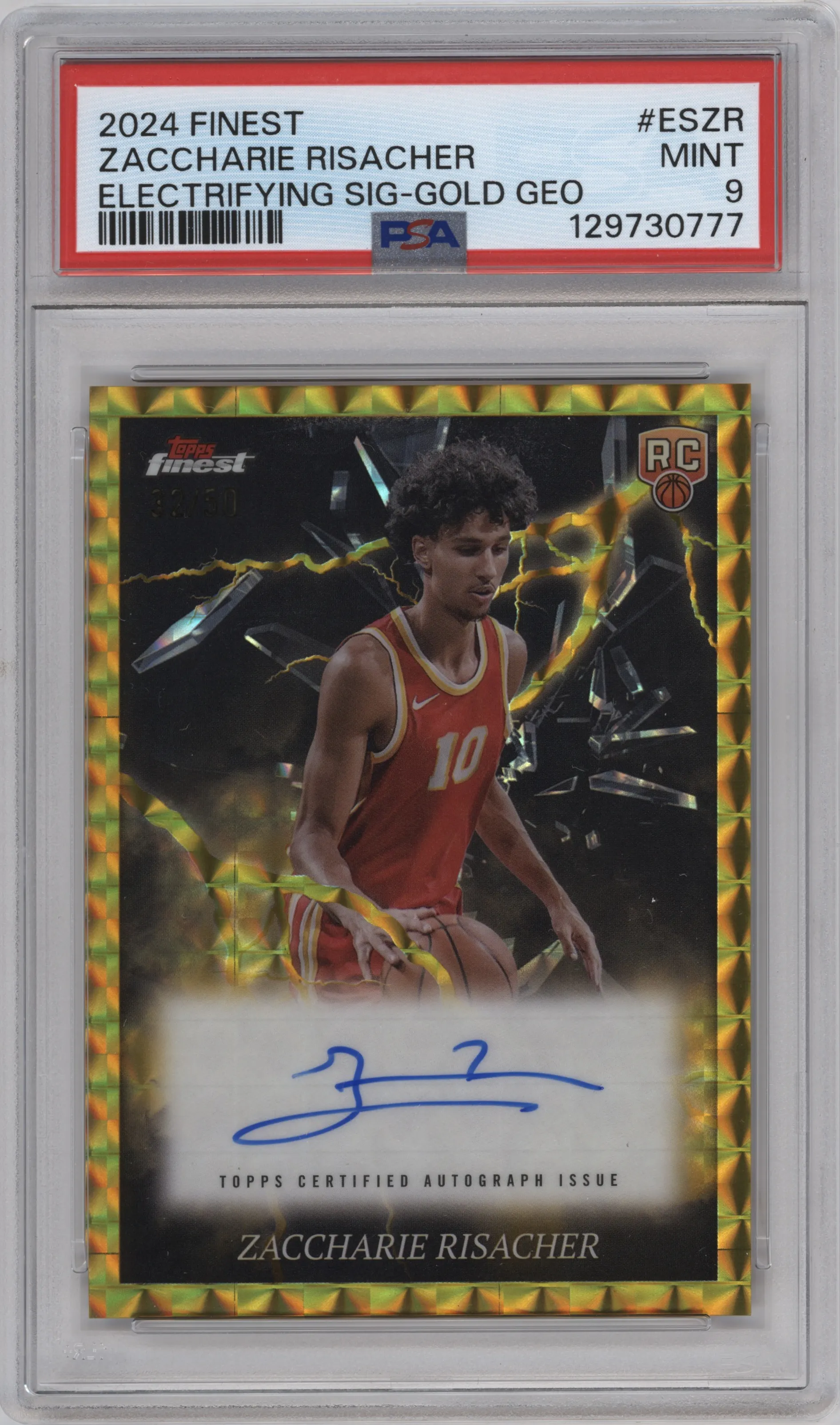 2024 Topps Finest Elctrfyng.Sig.Gmtrc. Zaccharie Risacher Gold Refractor #ES-ZR PSA 9