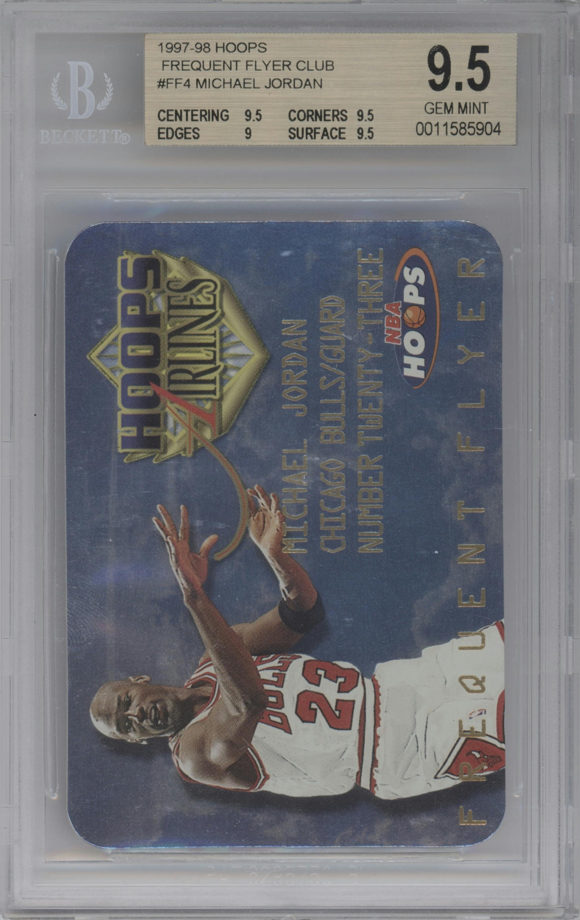 Michael Jordan from the 1997-98 NBA Hoops set graded by Beckett and given an overall grade of 9.5.