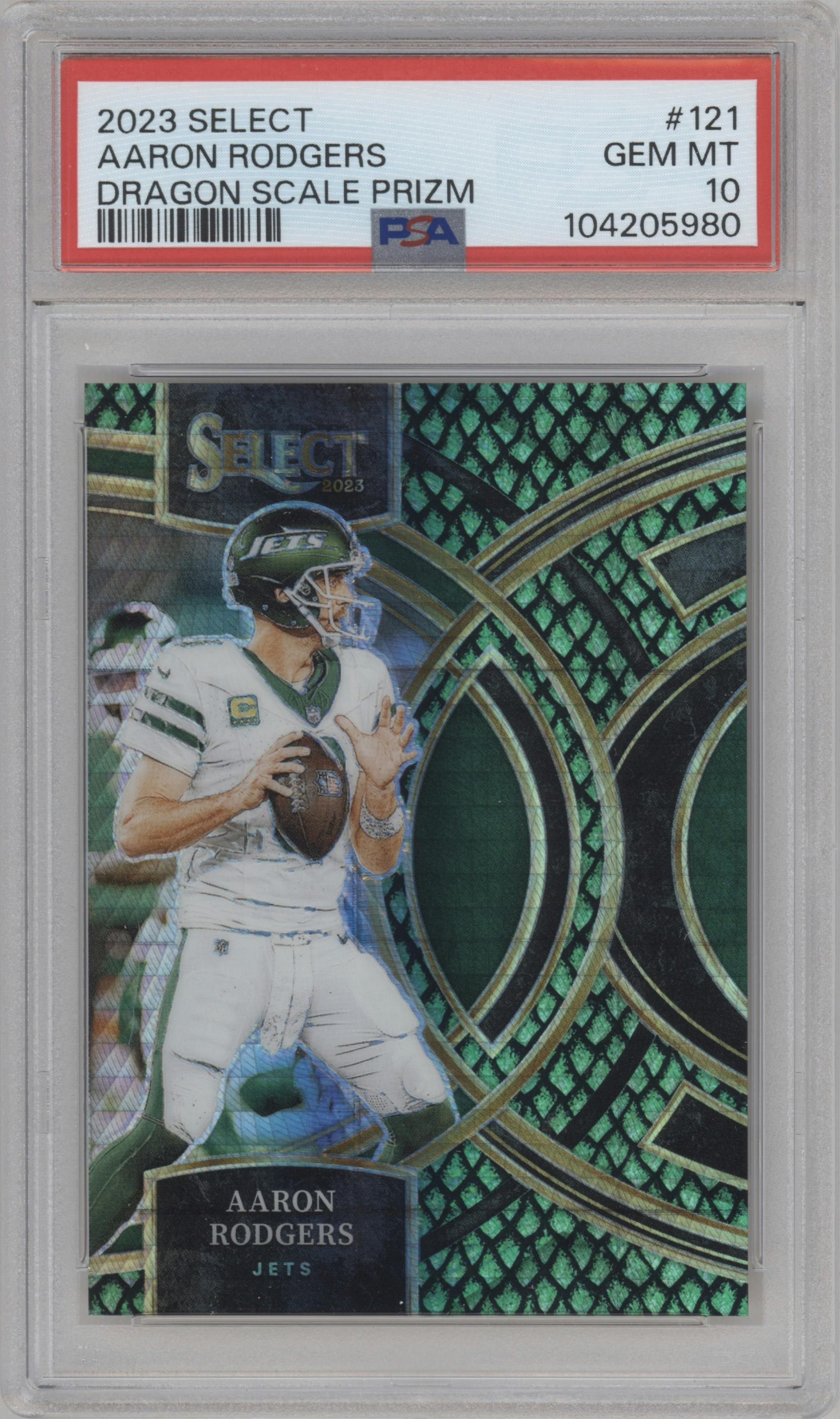 Aaron Rodgers from the 2023 Panini Select set featuring a Dragon Scale parallel graded by PSA and given an overall grade of 10.